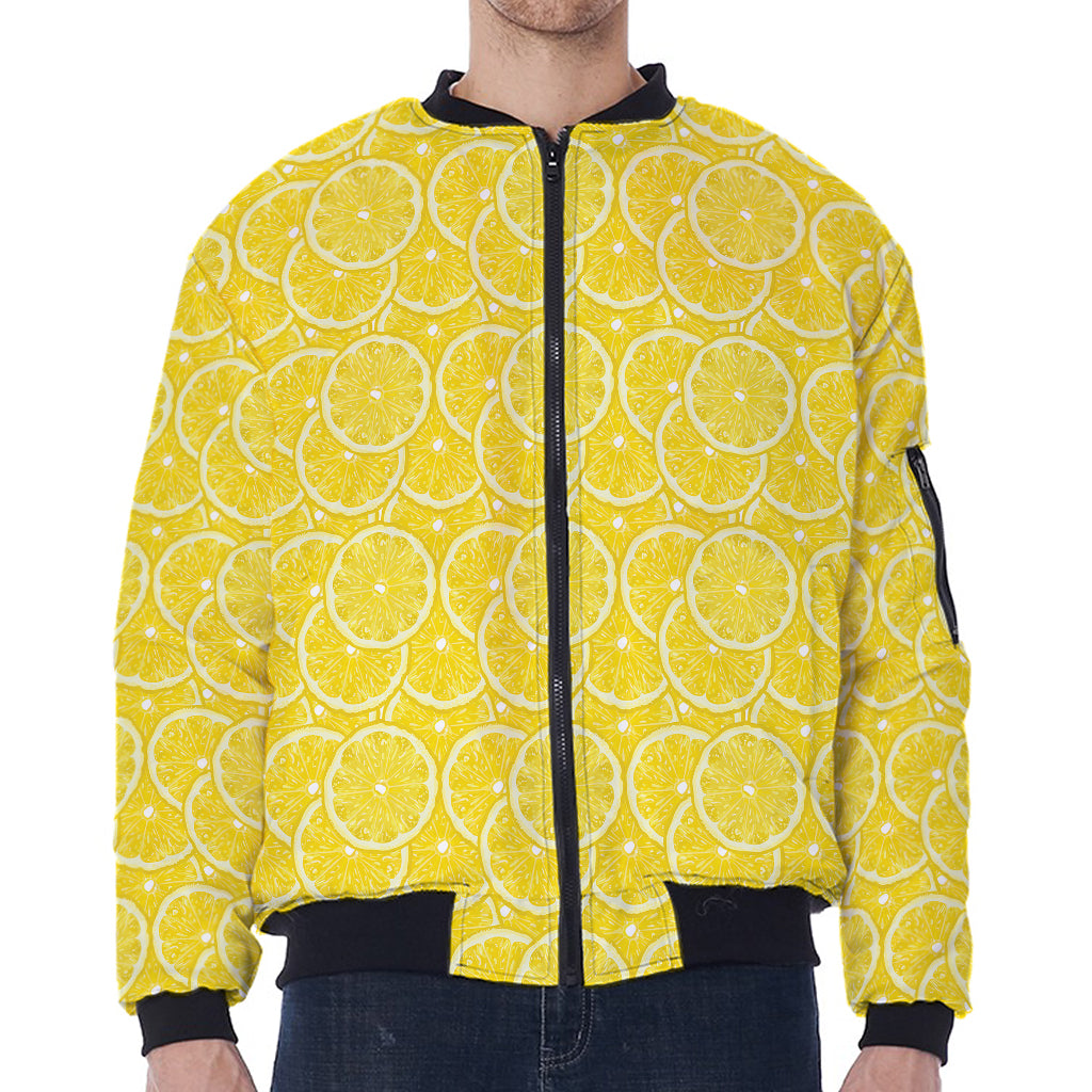 Lemon Slices Pattern Print Zip Sleeve Bomber Jacket