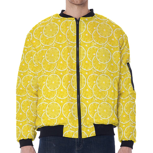 Lemon Slices Pattern Print Zip Sleeve Bomber Jacket