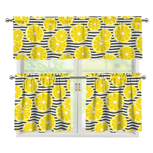 Lemon Striped Pattern Print 3 Piece Kitchen Curtains