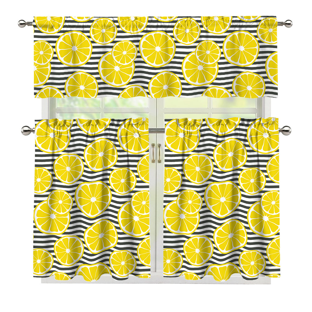 Lemon Striped Pattern Print 3 Piece Kitchen Curtains