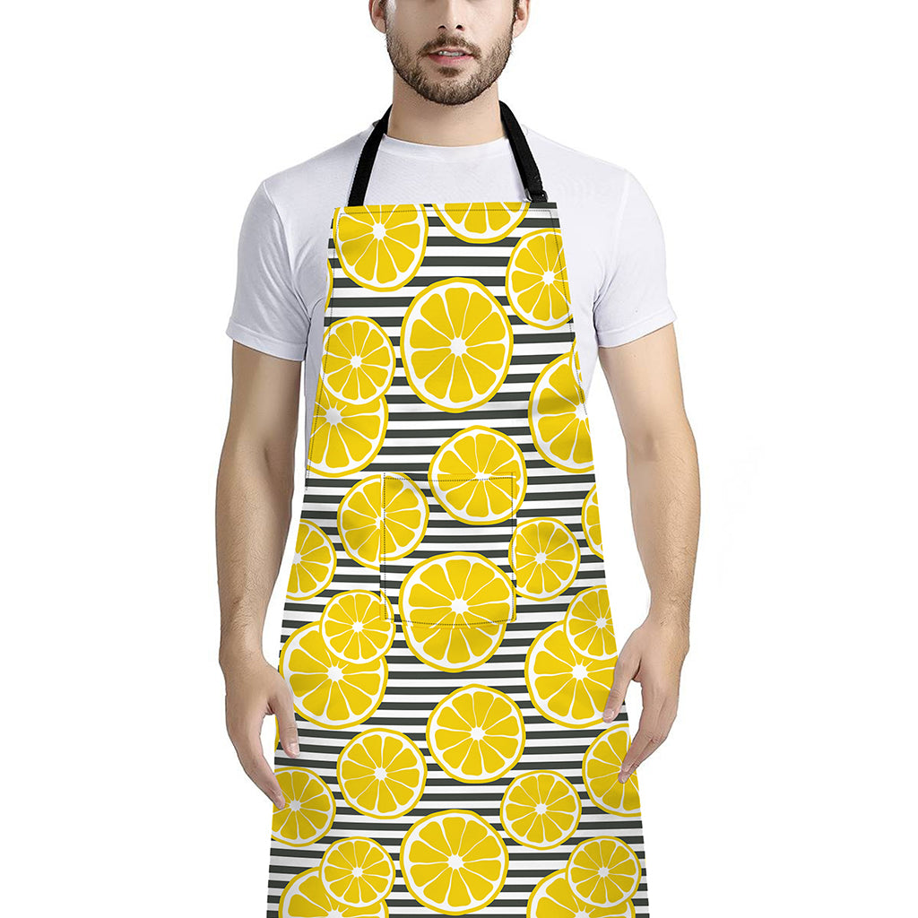 Lemon Striped Pattern Print Bib Apron With Pocket