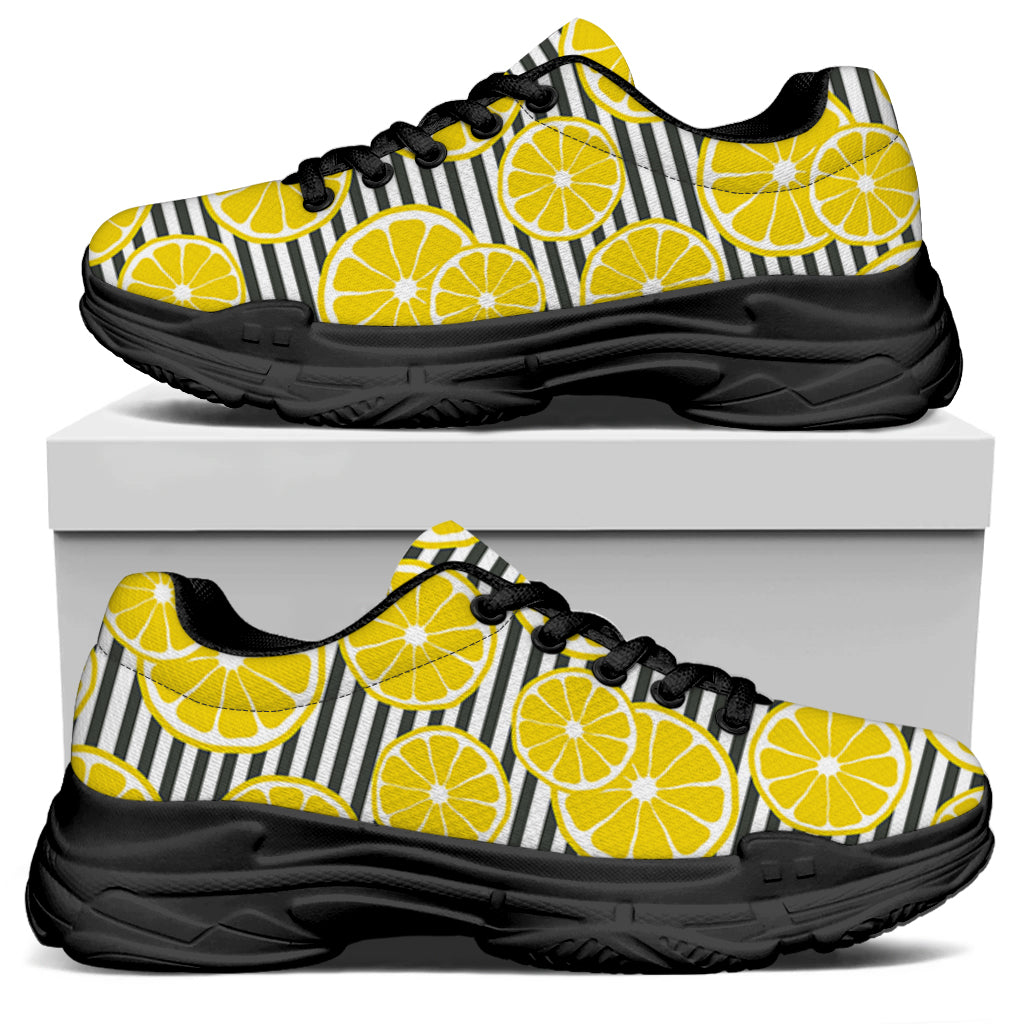 Lemon Striped Pattern Print Black Chunky Shoes