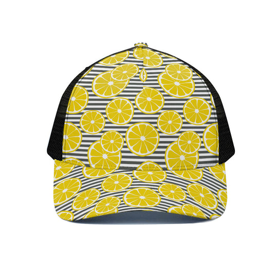 Lemon Striped Pattern Print Black Mesh Trucker Cap