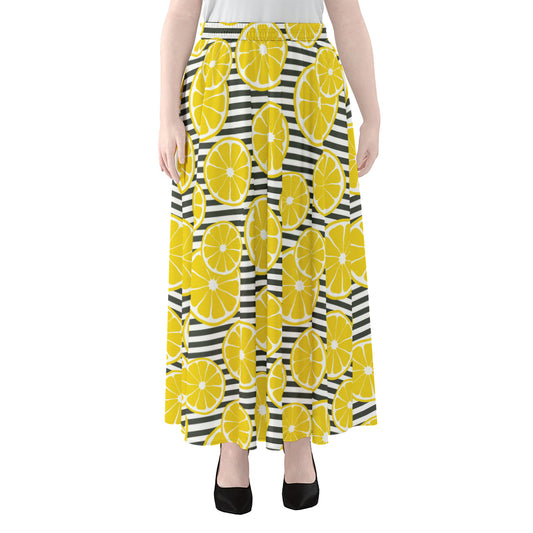 Lemon Striped Pattern Print Chiffon Maxi Skirt