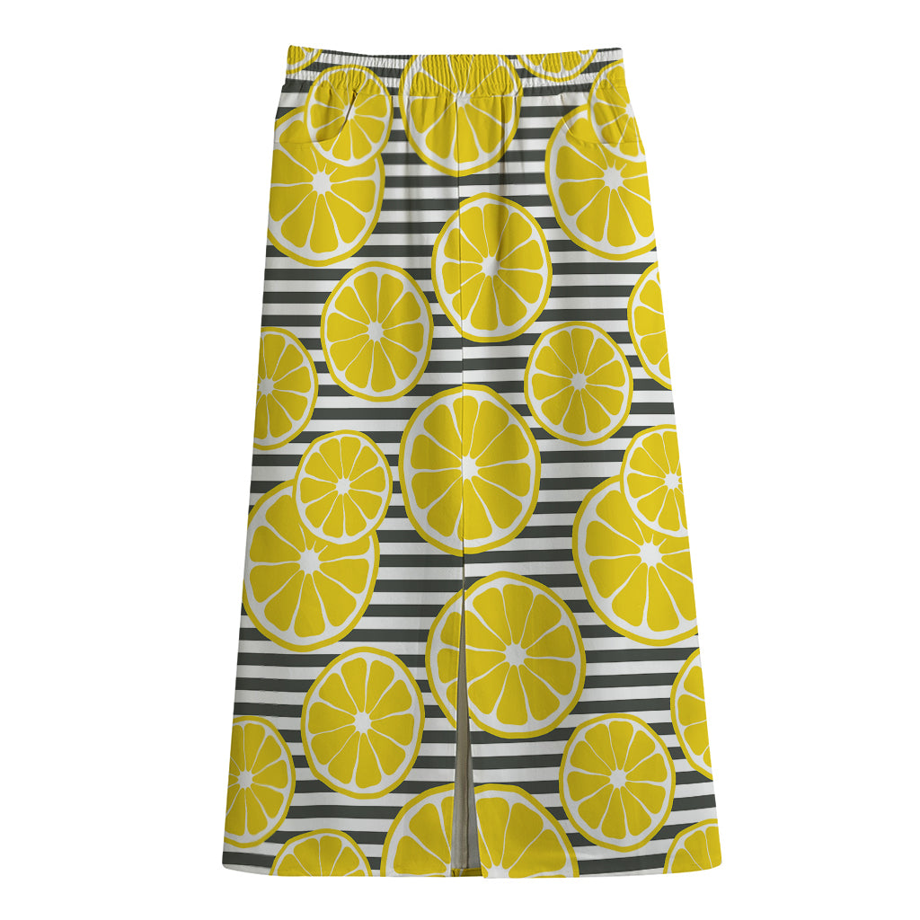 Lemon Striped Pattern Print Cotton Front Slit Maxi Skirt