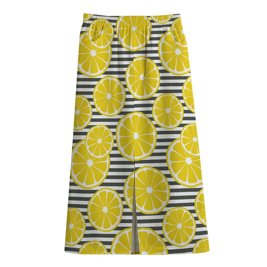Lemon Striped Pattern Print Cotton Front Slit Maxi Skirt