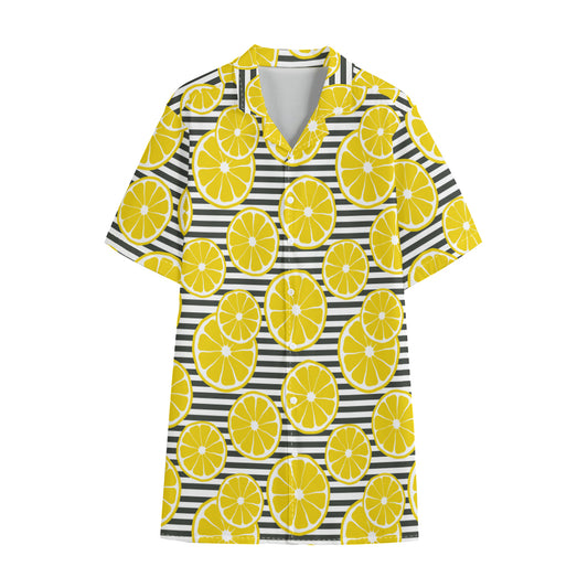 Lemon Striped Pattern Print Cotton Hawaiian Shirt