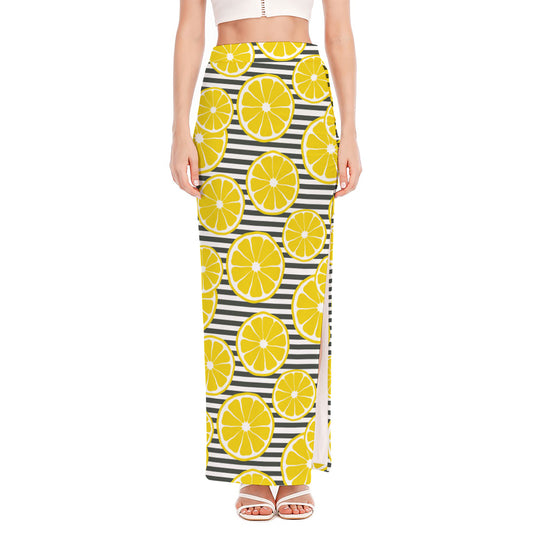 Lemon Striped Pattern Print High Slit Maxi Skirt
