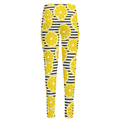 Lemon Striped Pattern Print High-Waisted Pocket Leggings