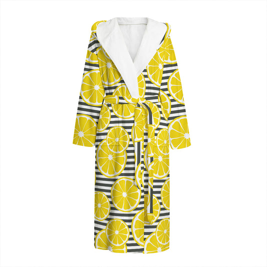 Lemon Striped Pattern Print Hooded Bathrobe