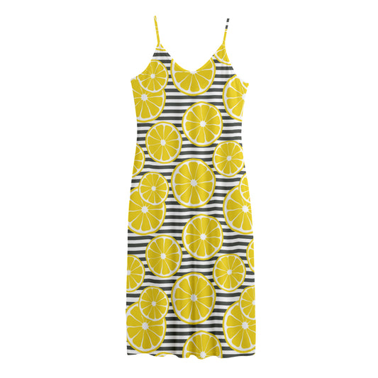 Lemon Striped Pattern Print Jersey Midi Cami Dress