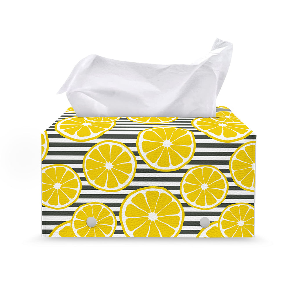 Lemon Striped Pattern Print Leather Tissue Box Cover