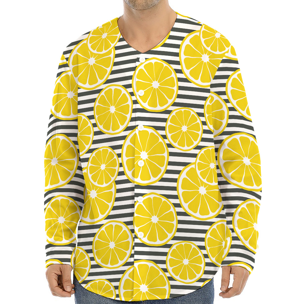 Lemon Striped Pattern Print Long Sleeve Baseball Jersey