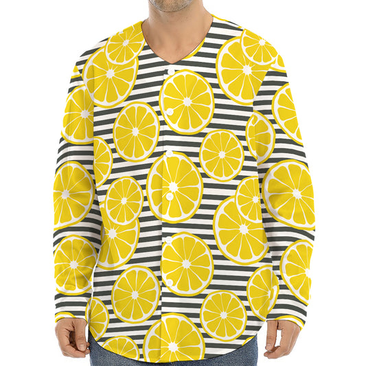 Lemon Striped Pattern Print Long Sleeve Baseball Jersey