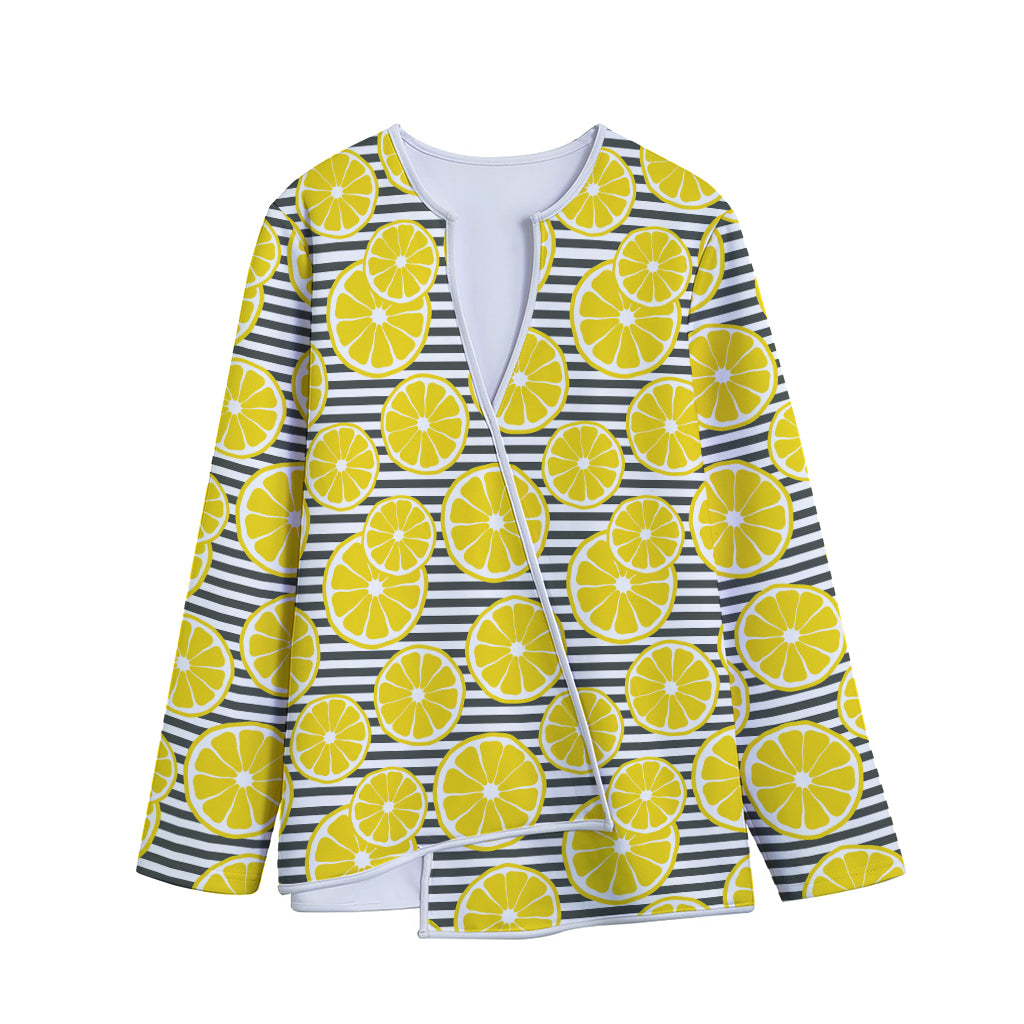 Lemon Striped Pattern Print Long Sleeve Short Coat