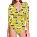 Lemon Striped Pattern Print Long Sleeve Swimsuit