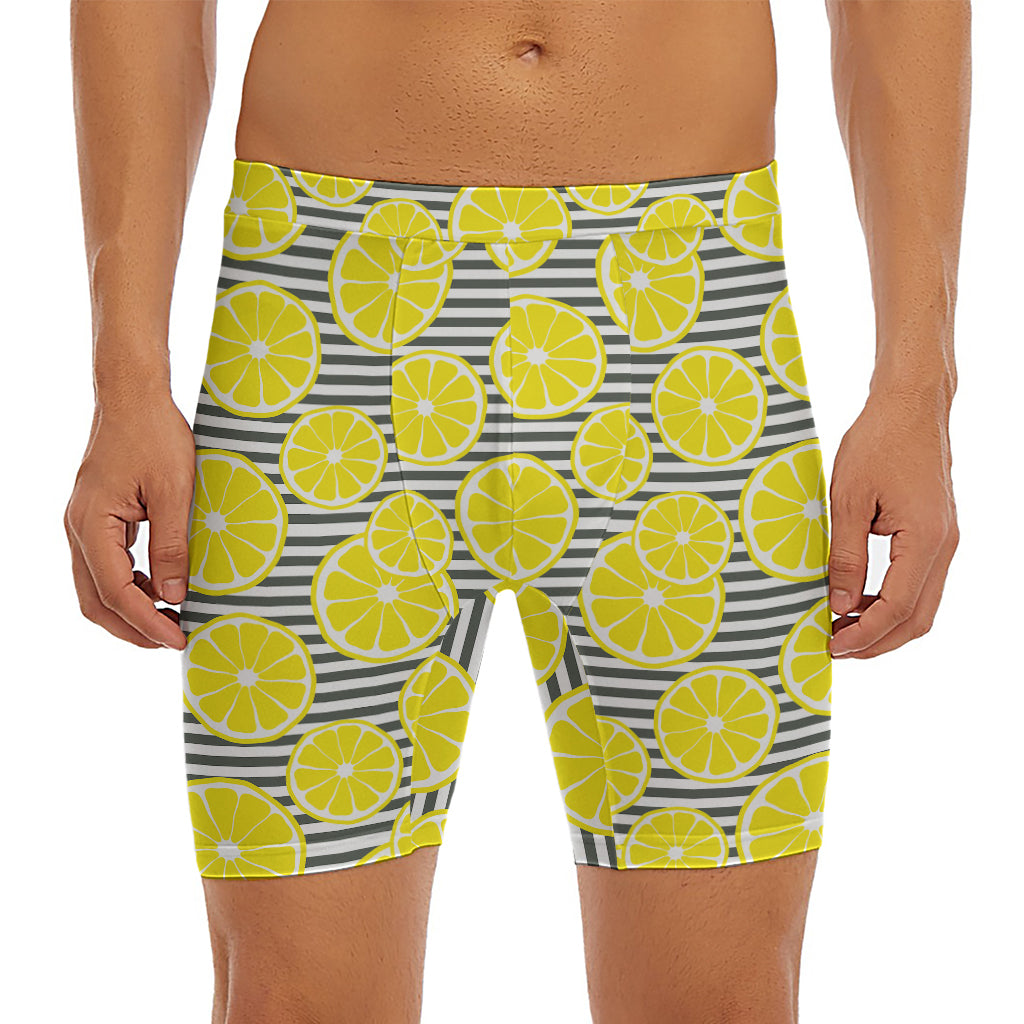 Lemon Striped Pattern Print Men's Long Boxer Briefs