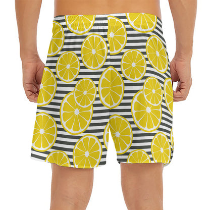 Lemon Striped Pattern Print Men's Split Running Shorts