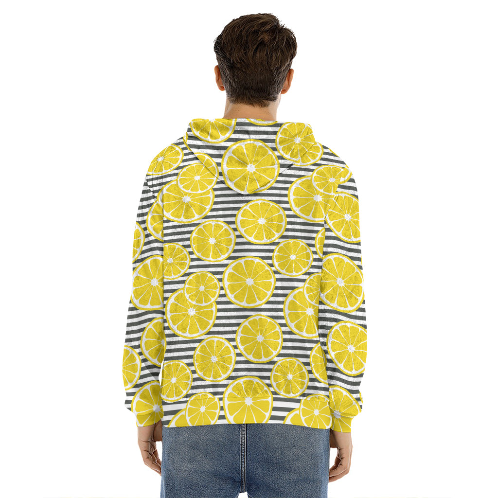 Lemon Striped Pattern Print Men's Velvet Pullover Hoodie