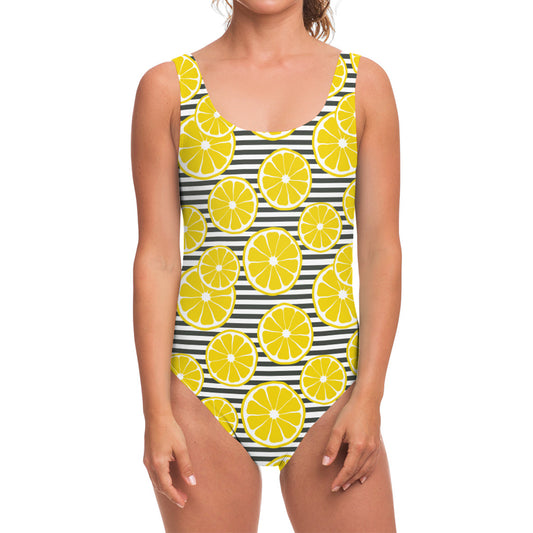 Lemon Striped Pattern Print One Piece Swimsuit