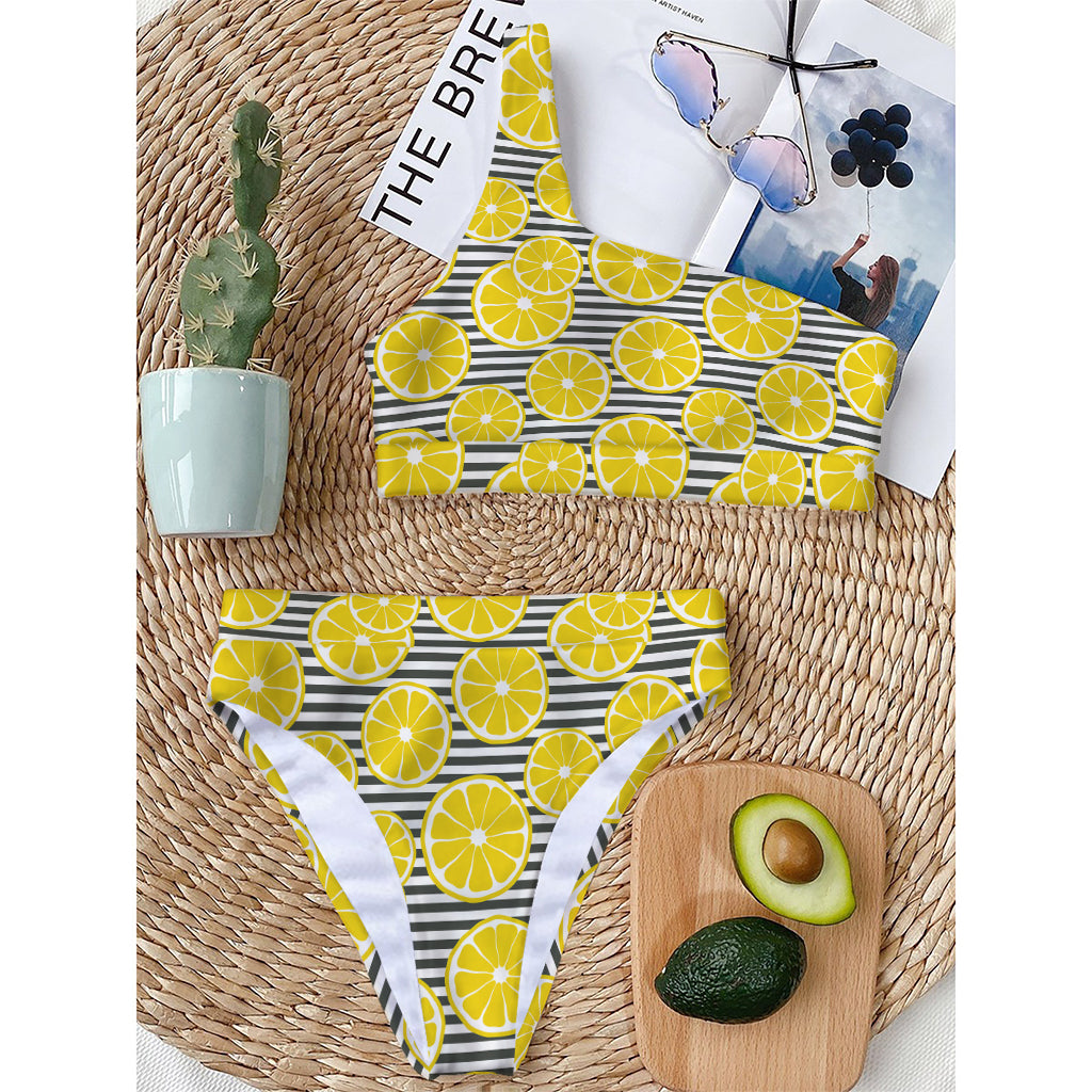 Lemon Striped Pattern Print One Shoulder Bikini Top