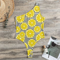 Lemon Striped Pattern Print One Shoulder Bodysuit