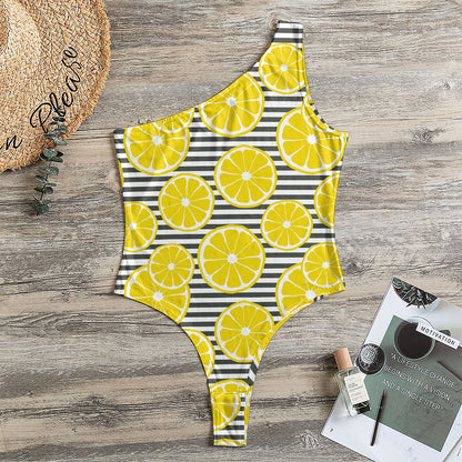 Lemon Striped Pattern Print One Shoulder Bodysuit
