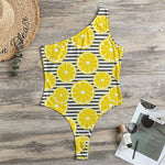 Lemon Striped Pattern Print One Shoulder Bodysuit