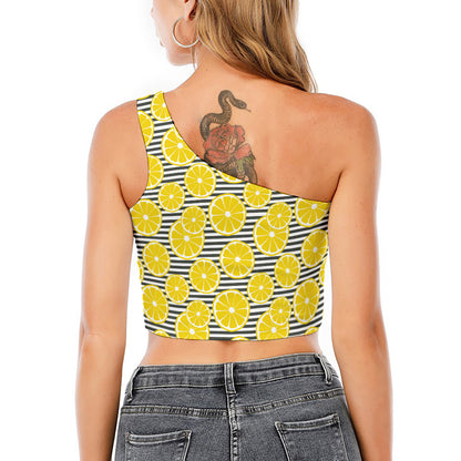 Lemon Striped Pattern Print One Shoulder Crop Top