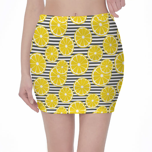 Lemon Striped Pattern Print Pencil Mini Skirt