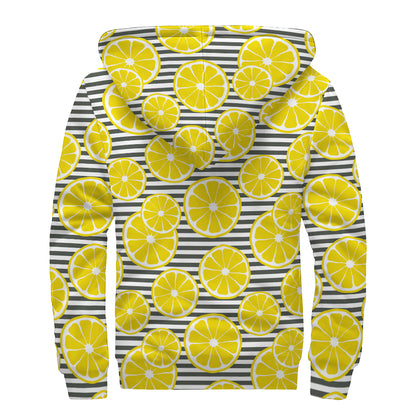 Lemon Striped Pattern Print Sherpa Lined Zip Up Hoodie