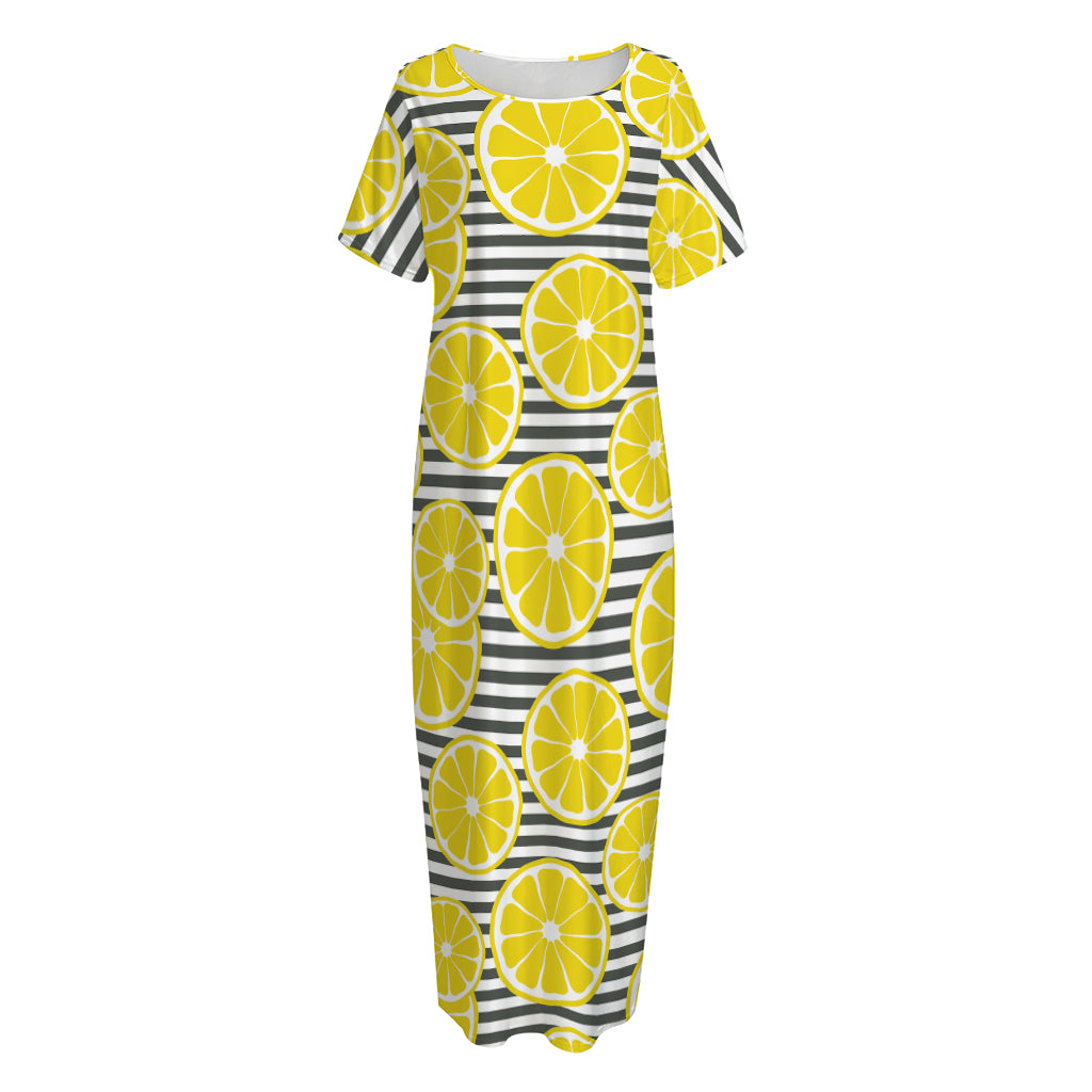 Lemon Striped Pattern Print Short Sleeve Long Nightdress