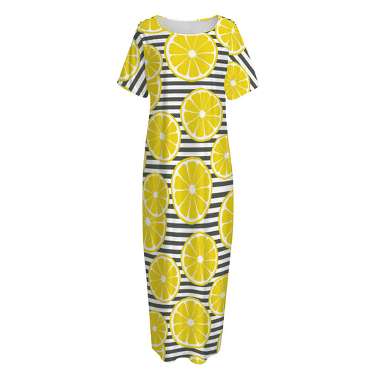 Lemon Striped Pattern Print Short Sleeve Long Nightdress