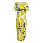 Lemon Striped Pattern Print Short Sleeve Long Nightdress