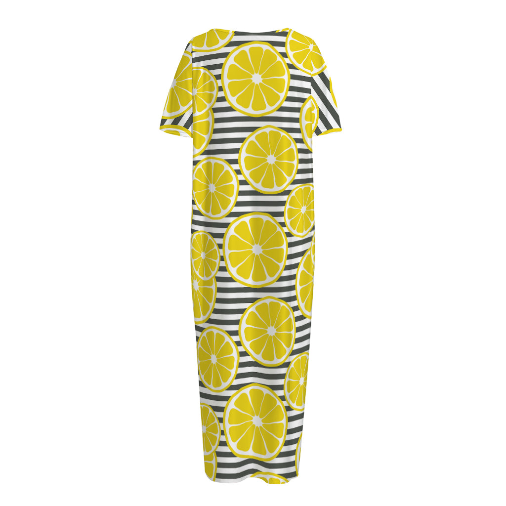 Lemon Striped Pattern Print Short Sleeve Long Nightdress