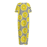 Lemon Striped Pattern Print Short Sleeve Long Nightdress