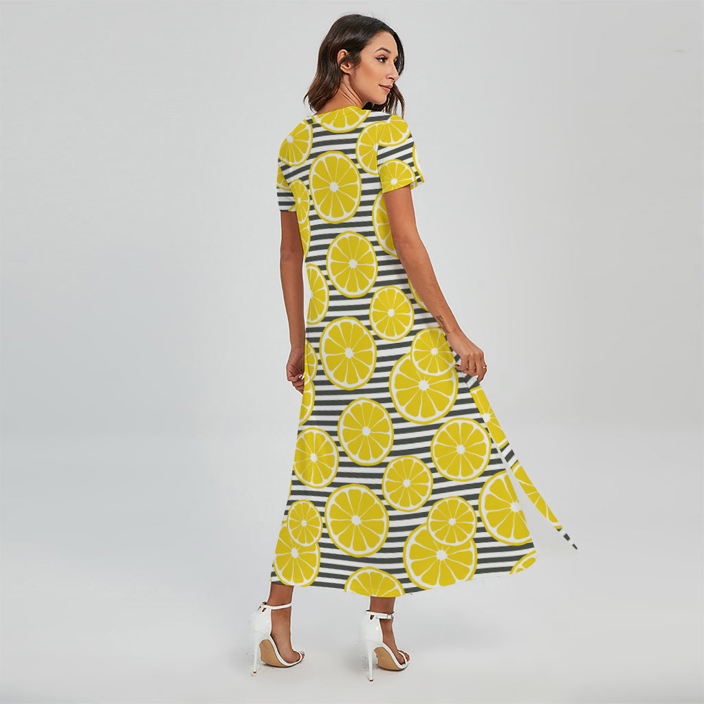 Lemon Striped Pattern Print Short Sleeve Maxi Dress