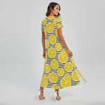 Lemon Striped Pattern Print Short Sleeve Maxi Dress