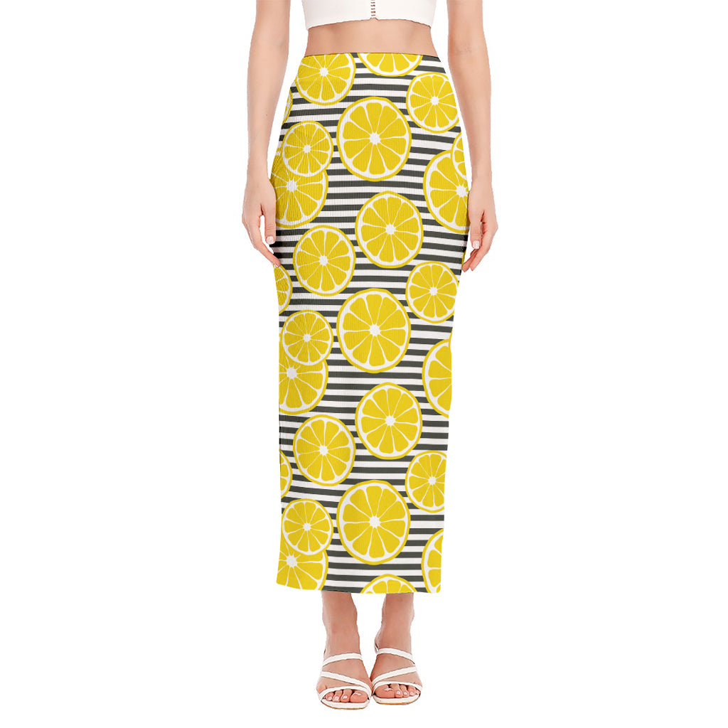 Lemon Striped Pattern Print Side Slit Maxi Skirt