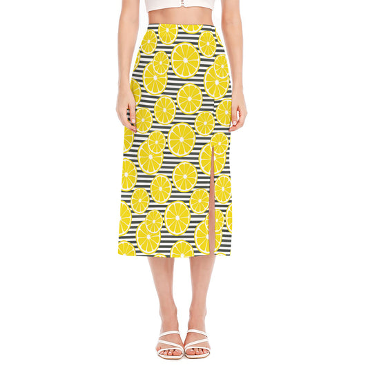 Lemon Striped Pattern Print Side Slit Midi Skirt