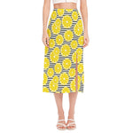 Lemon Striped Pattern Print Side Slit Midi Skirt