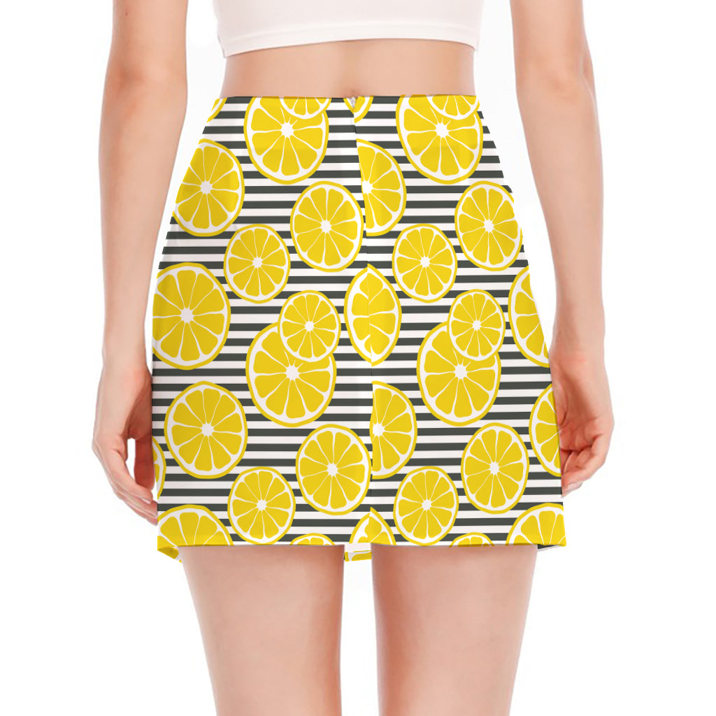 Lemon Striped Pattern Print Side Slit Mini Skirt