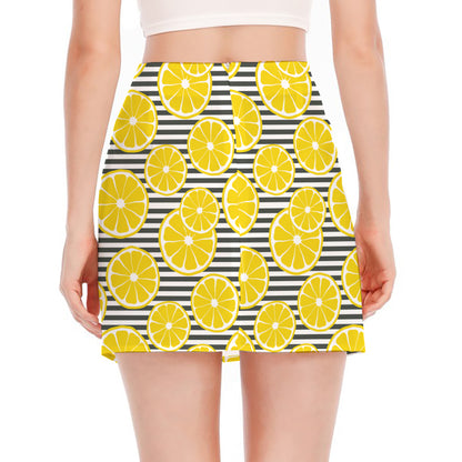 Lemon Striped Pattern Print Side Slit Mini Skirt