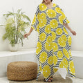 Lemon Striped Pattern Print Silk V-Neck Kaftan Dress