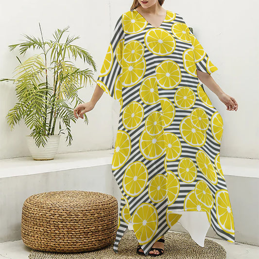 Lemon Striped Pattern Print Silk V-Neck Kaftan Dress
