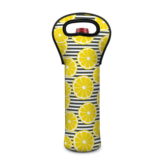 Lemon Striped Pattern Print Single Neoprene Wine Tote