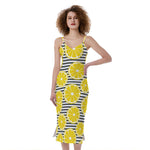 Lemon Striped Pattern Print Slim Fit Midi Cami Dress