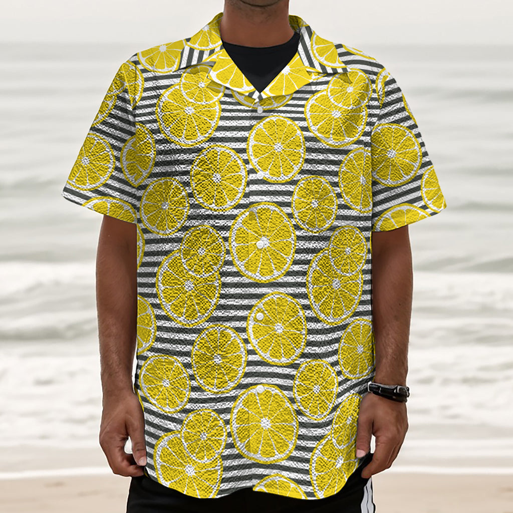 Lemon Striped Pattern Print Textured Short Sleeve Shirt