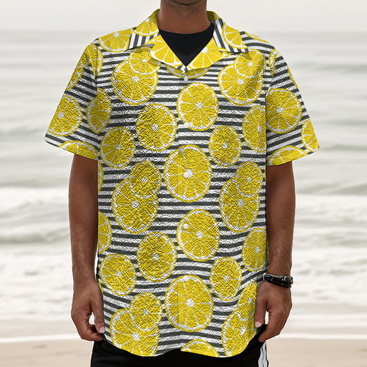 Lemon Striped Pattern Print Textured Short Sleeve Shirt