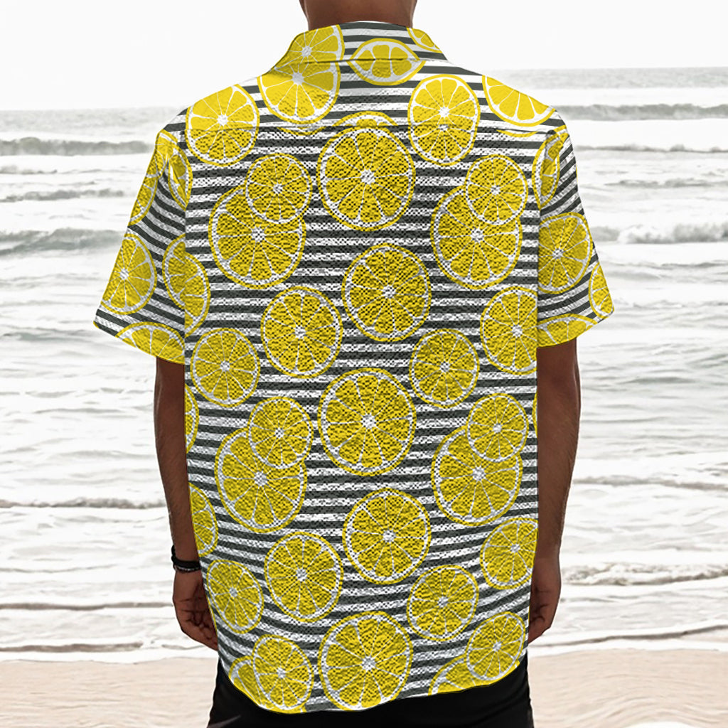 Lemon Striped Pattern Print Textured Short Sleeve Shirt
